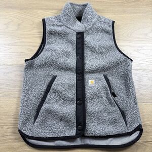 Carhartt Jacket Women Small Relaxed Fit Snap Front Fleece Vest Gray Sherpa